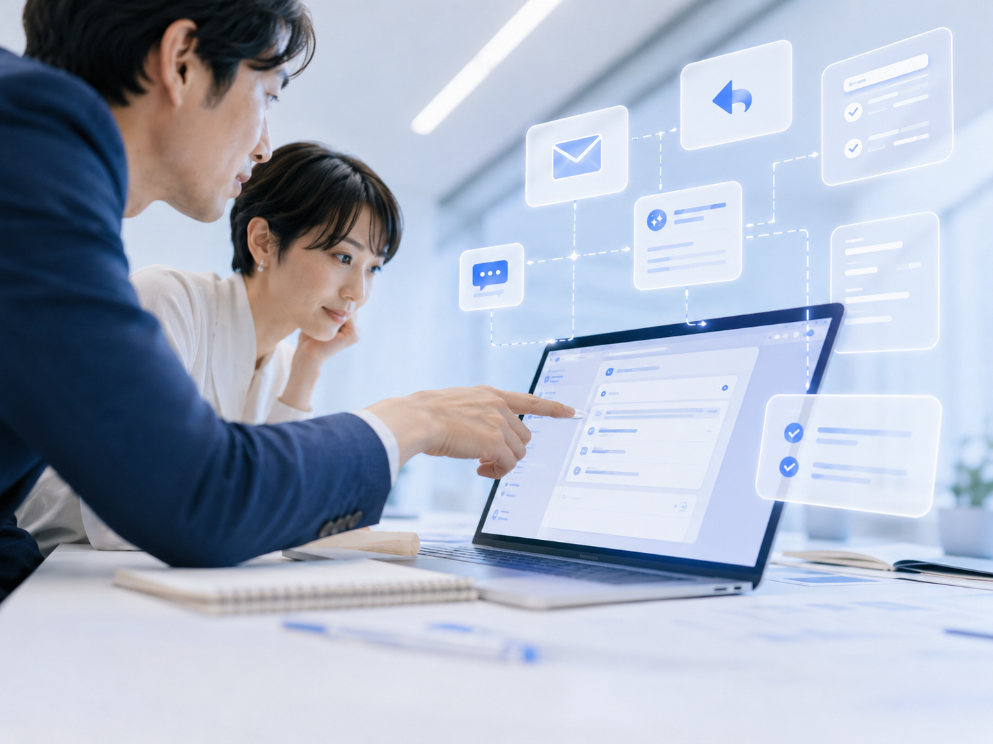 問い合わせ返信の下書きと送信管理を説明しているイメージ