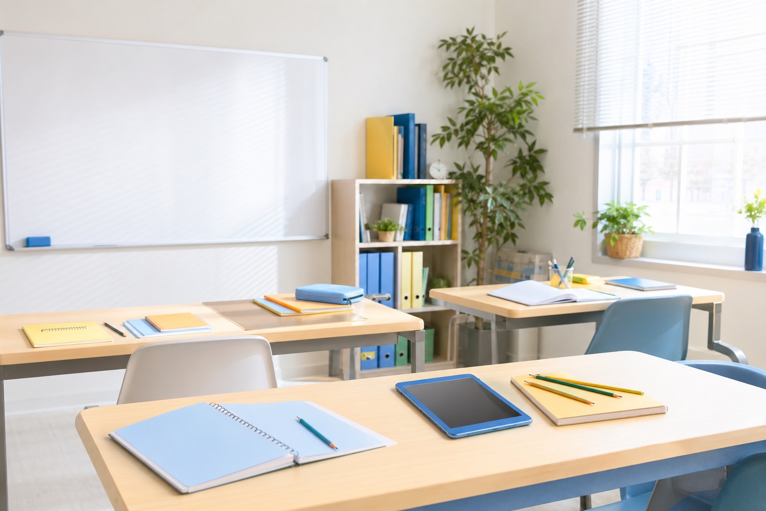 明るい教室と学習机のイメージ