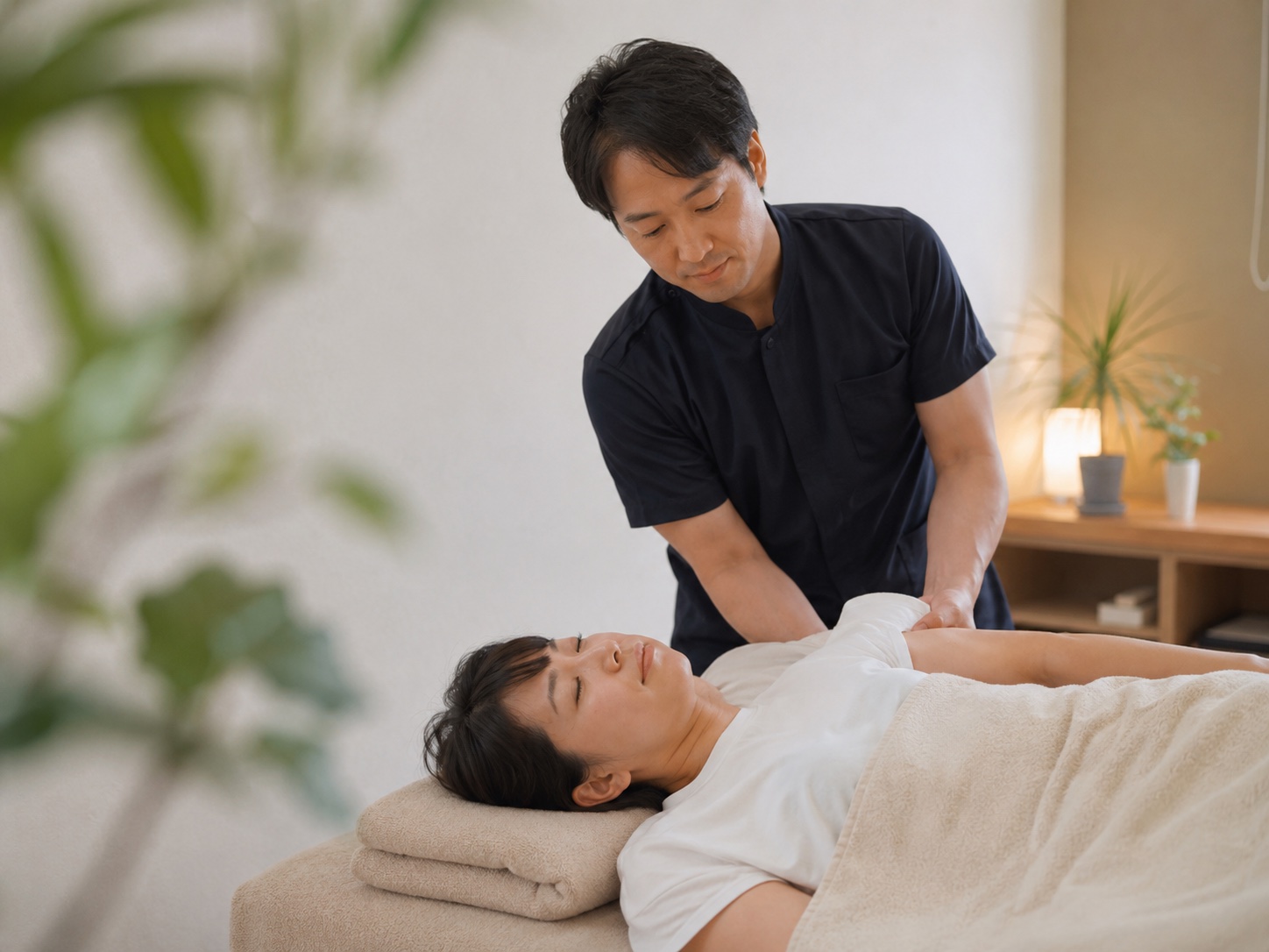 整体院で強さを調整しながら施術しているイメージ