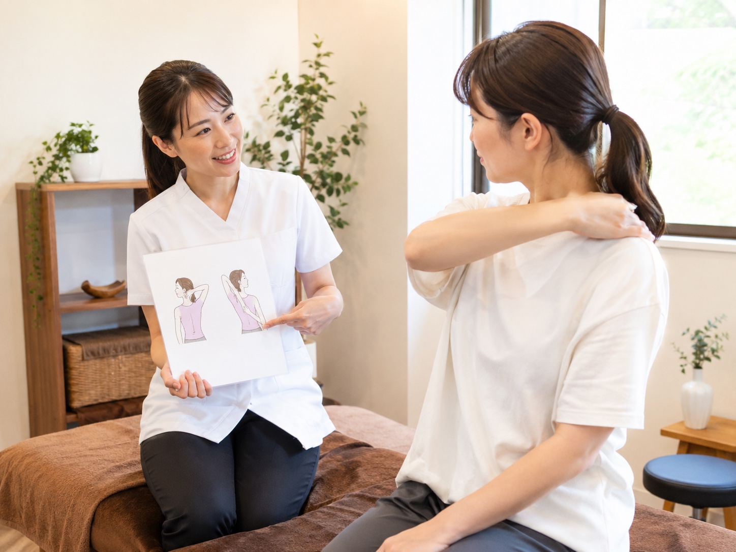 整体院でセルフケアを案内しているイメージ