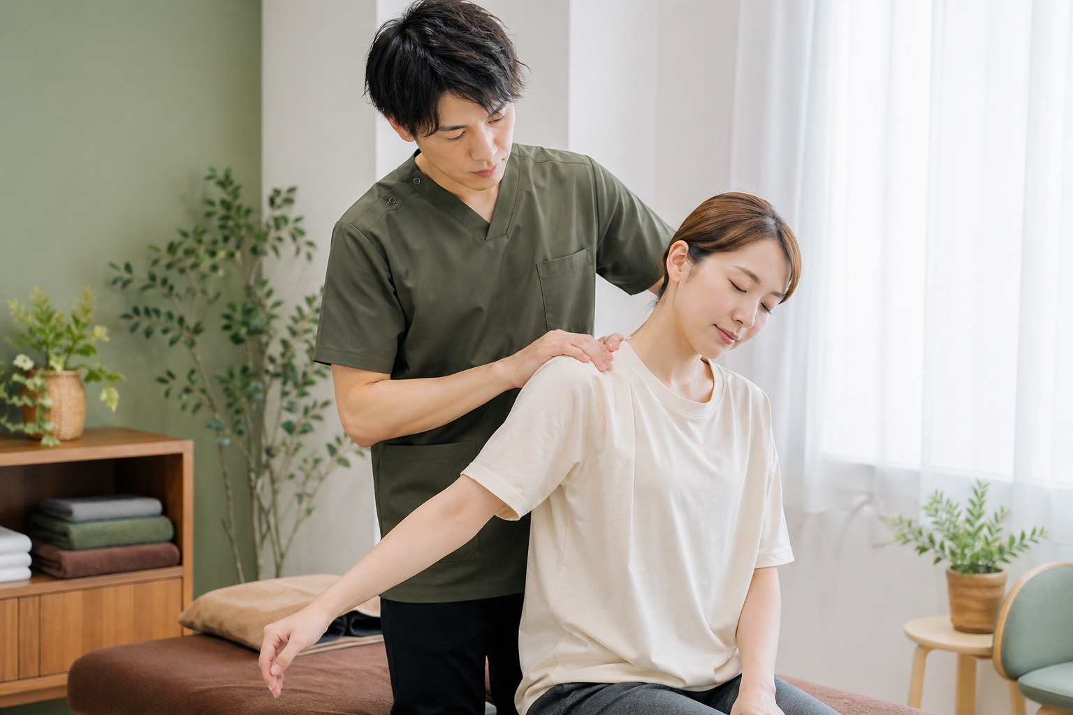 整体院で肩まわりの状態を確認しているイメージ