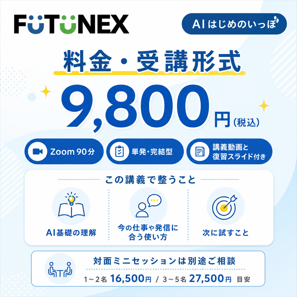 AIはじめのいっぽの料金と受講形式を説明する画像