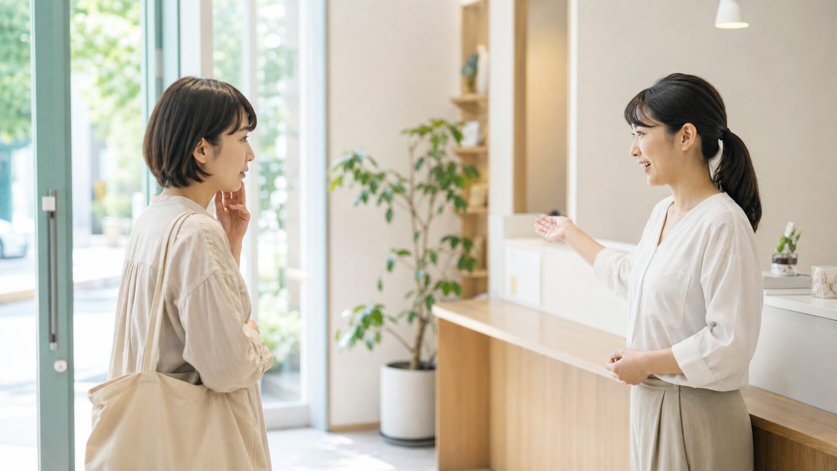 問い合わせ前に入口で迷うお客さんを、最初の相談につなげる担当者の説明画像