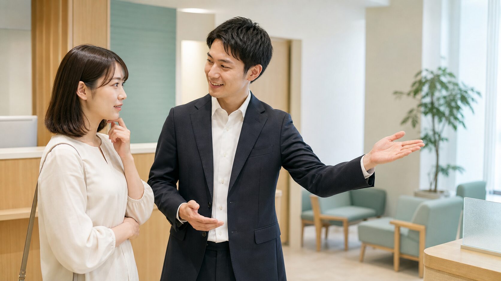 登録直後の返し方で迷うお客さんを、最初の一歩へ案内する相談担当者の説明画像