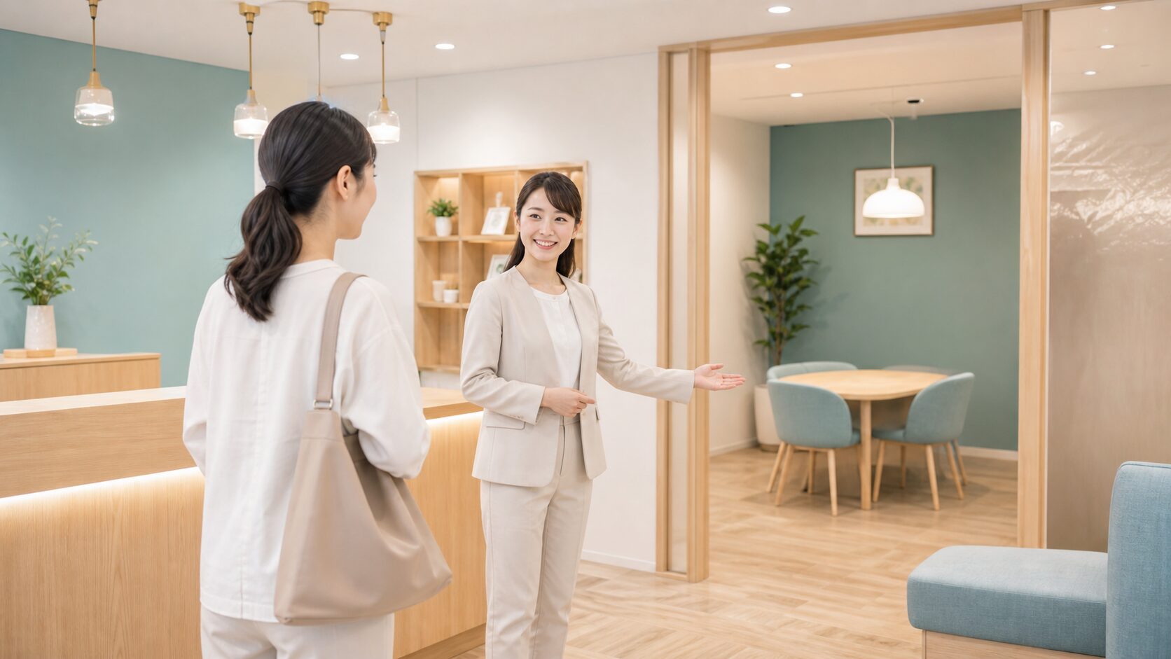 LINE案内から相談席へ進む順番を、受付でやさしく案内する担当者の説明画像