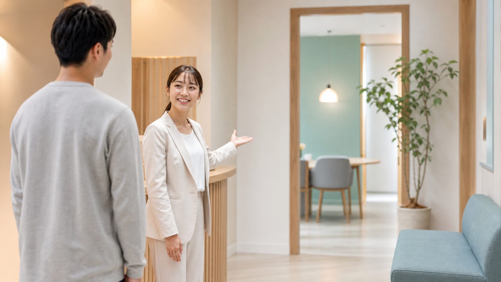 登録後に歓迎され、詳細確認と相談先へ迷わず案内されるお客さんの説明画像
