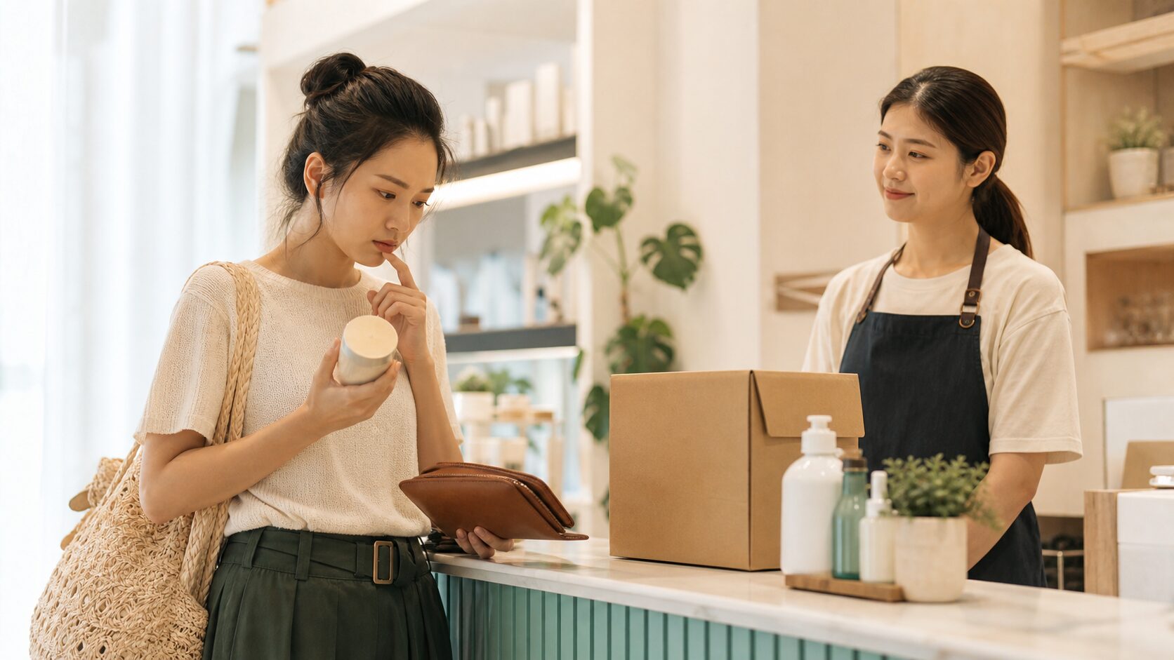 購入直前に不安で止まるお客さんと、足りない説明に気づく担当者の説明画像