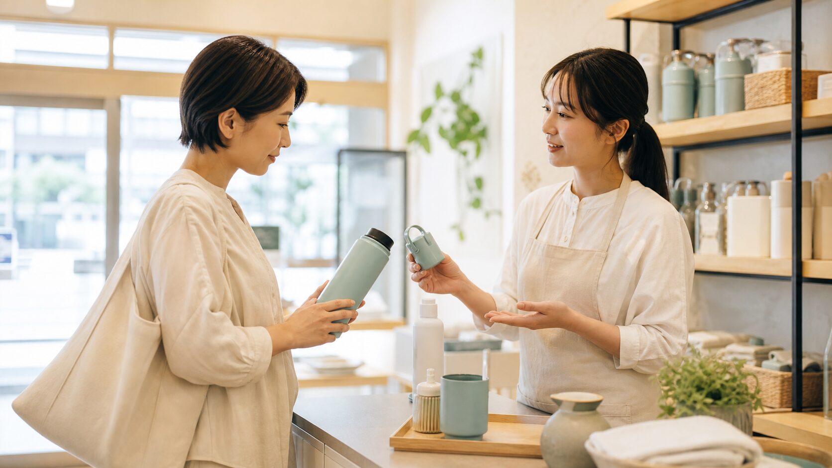 購入後のお客さんに関連商品を自然に案内する担当者の説明画像