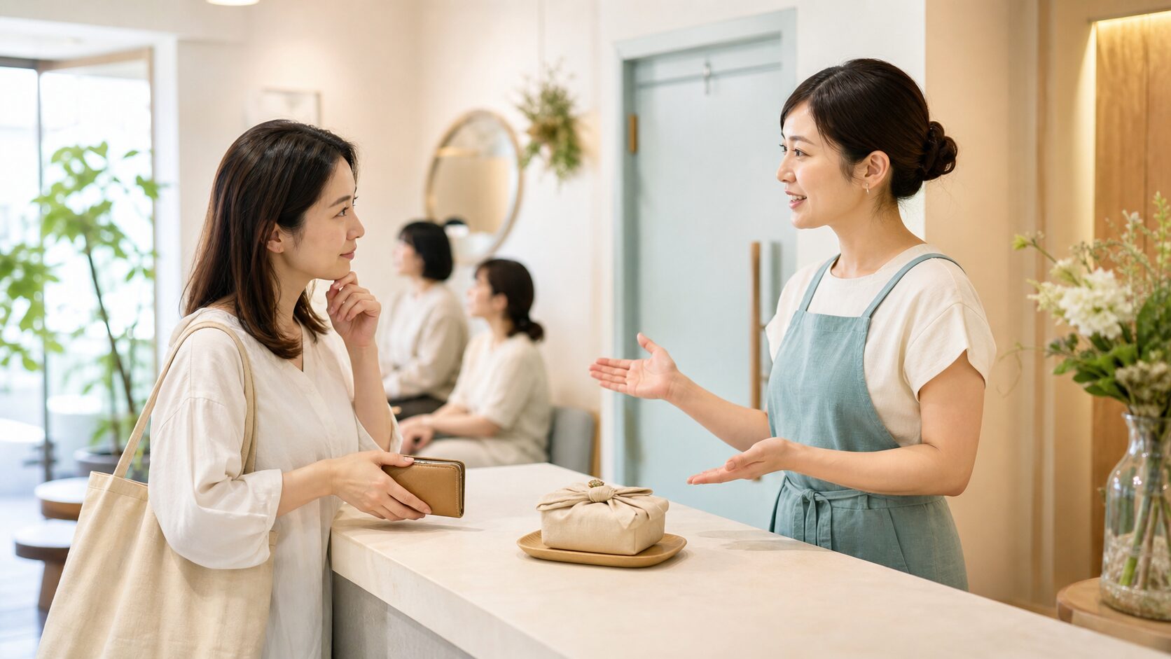 申込み前に支払い内容や完了後の案内を確認するお客さんと担当者の説明画像