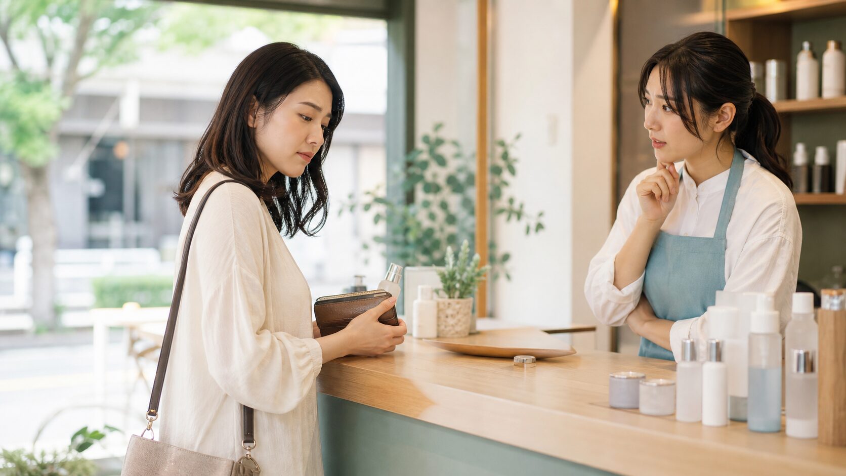購入しようとして会計前で迷うお客さんと、止まる理由を気にする担当者の説明画像