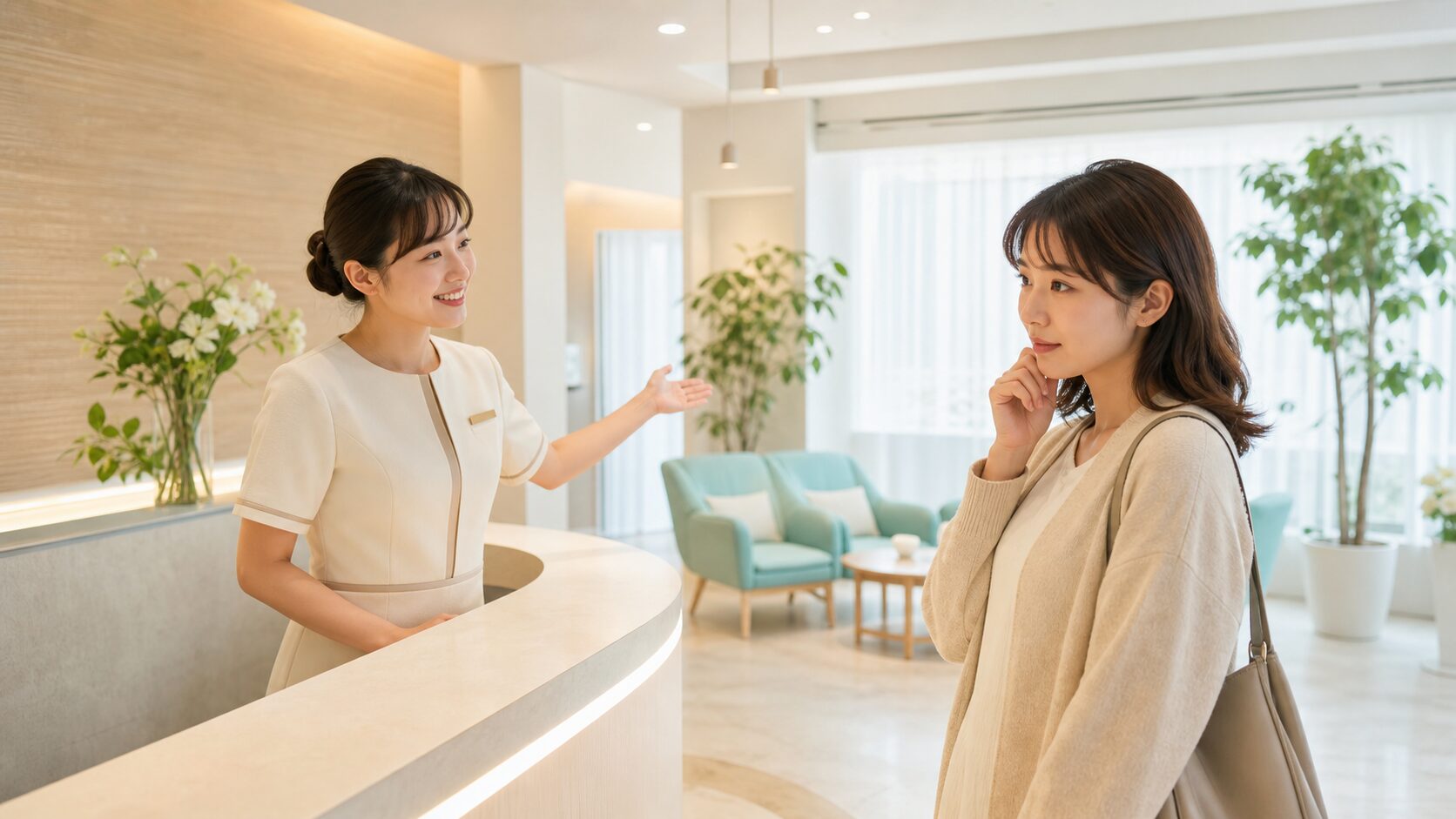 予約前に入口で迷うお客さんと、予約しやすい流れで迎える担当者の説明画像
