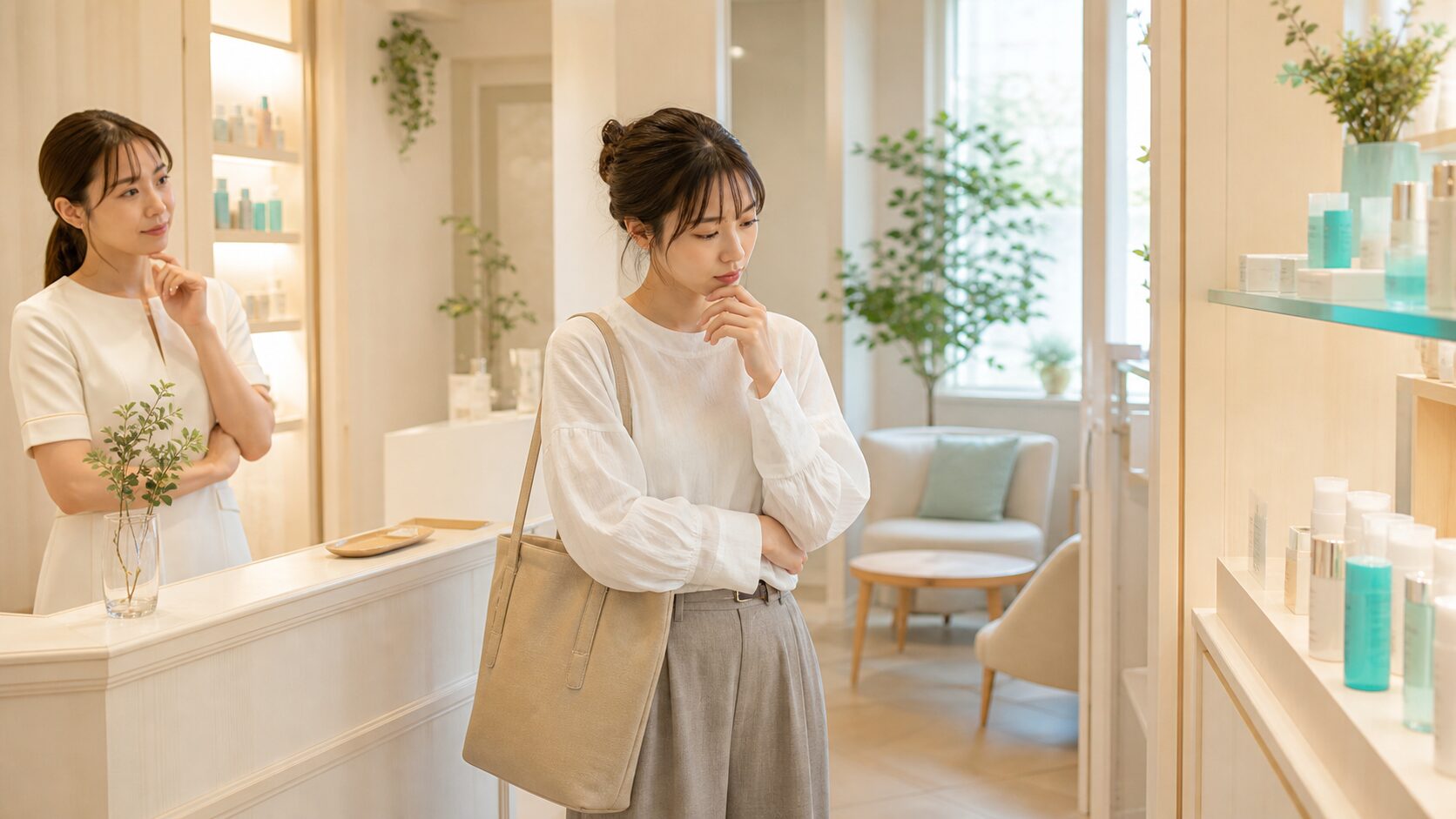 行き先に迷うお客さんと、予約、相談、購入のどこへ進みたいかを見直す担当者の説明画像