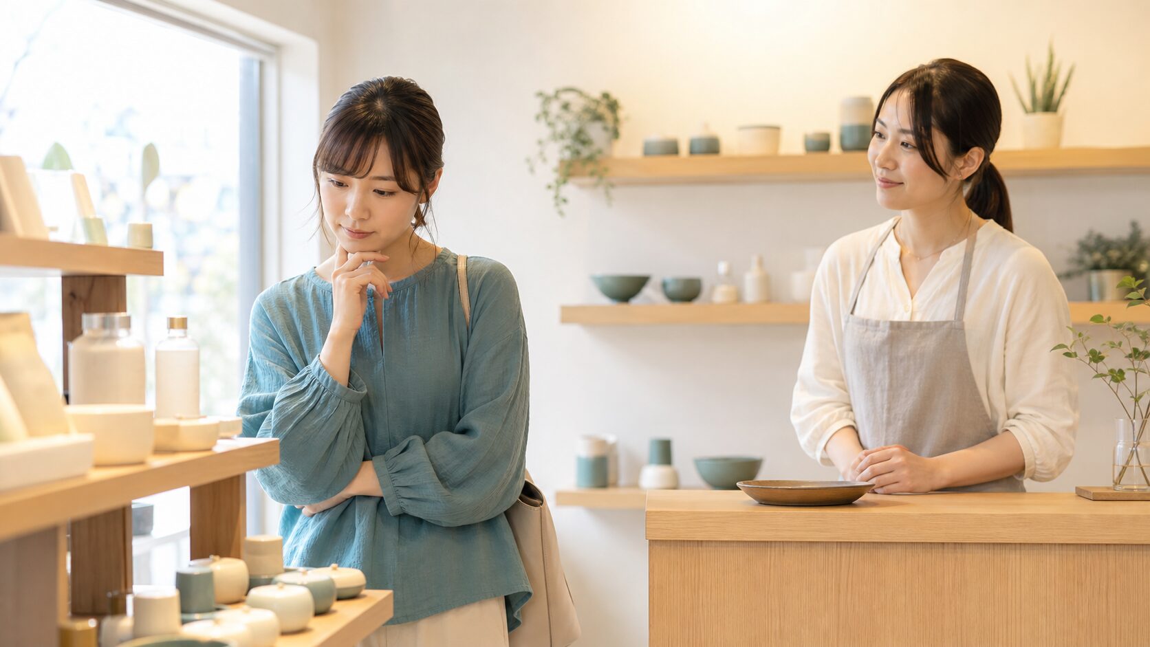 商品に興味を持ちながら購入前で迷うお客さんと、買いやすい流れを支える担当者の説明画像