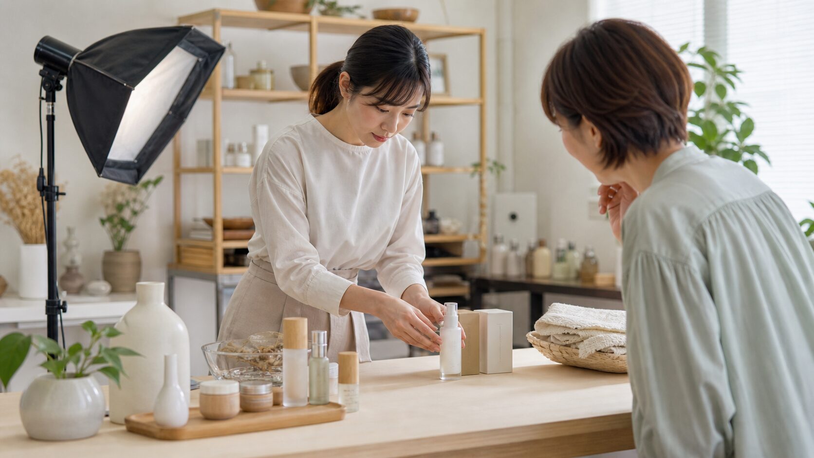 商品登録前に商品素材を整え、買う人の目線で確認する担当者の説明画像